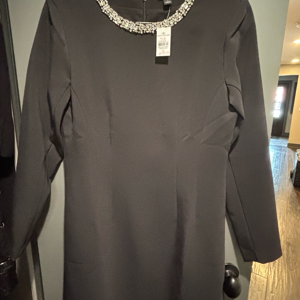 Ann Taylor Black Long Sleeve Dress with Embellished Collar